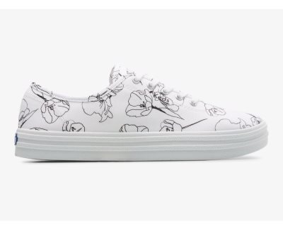 Keds Breezie Canvas Hand Drawn Print Kanten Up Sneakers Dames Wit Zwart | 2jGgBPyW