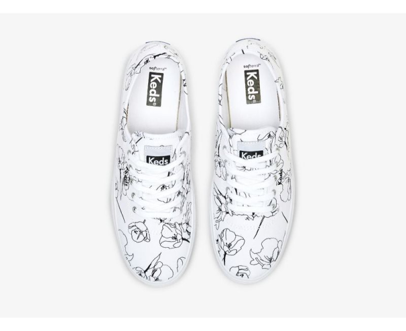 Keds Breezie Canvas Hand Drawn Print Kanten Up Sneakers Dames Wit Zwart | 2jGgBPyW