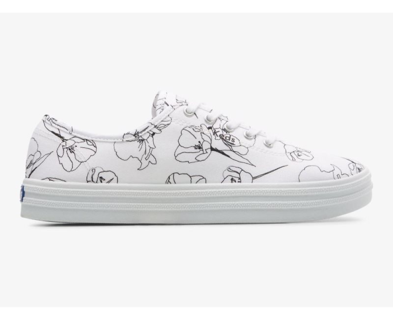 Keds Breezie Canvas Hand Drawn Print Kanten Up Sneakers Dames Wit Zwart | 2jGgBPyW