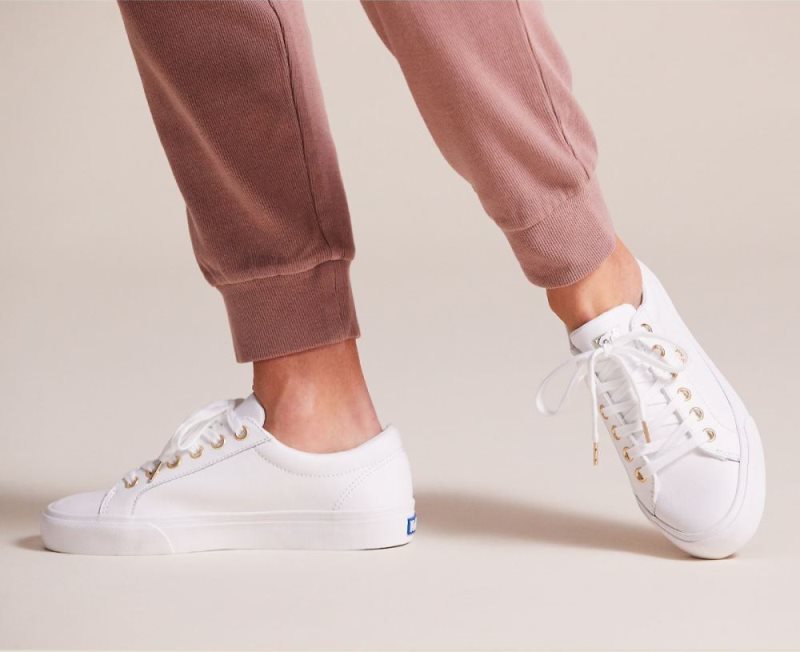 Keds Jump Kick Leren Sneakers Dames Wit Goud | 0Amdtj8T