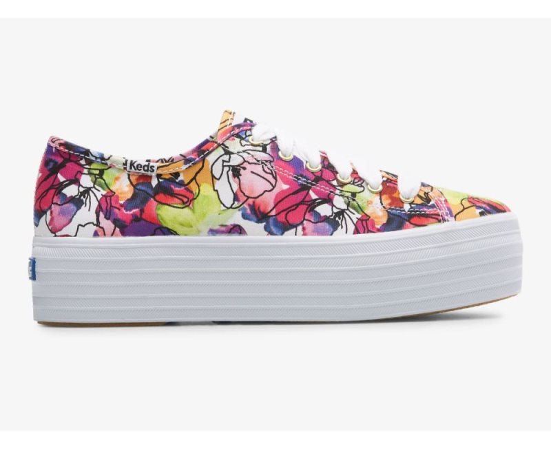 Keds Triple Up Watercolor Floral Veterschoenen Dames Wit Paars | nJcwQDeP